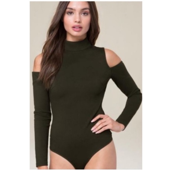 bebe Tops - ☘️ Bebe Ponte Cold-Shoulder High Neck Bodysuit in Moss Green